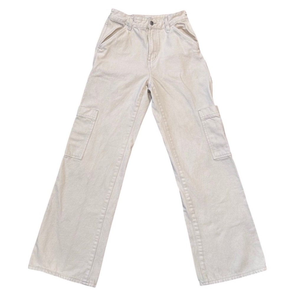 H&M Cargo Carpenter Pants Women‎ Sz 4 Off White Wide Leg High Rise Utility Denim